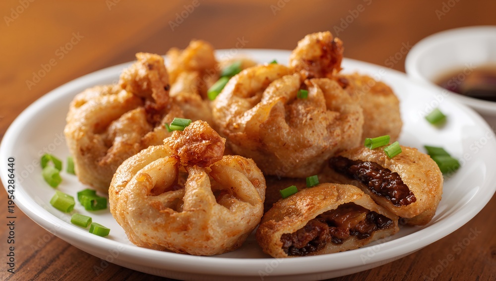Fototapeta premium Golden Fried Dumplings Filled with Savory Meat and Vegetables on White Plate
