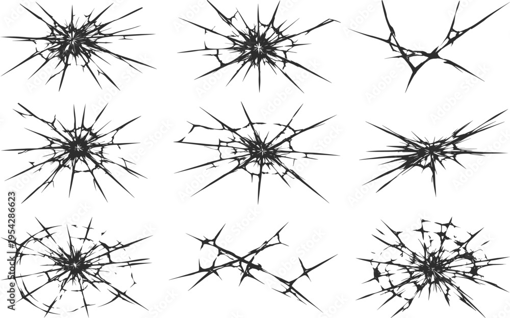 Obraz premium Cracked Glass Impact Set, Shatter Break Explosion Vector Collection.