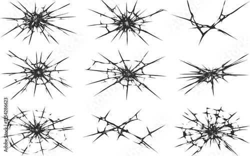 Cracked Glass Impact Set, Shatter Break Explosion Vector Collection.