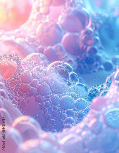 A close-up abstract view of iridescent bubbles with pink and blue hues.