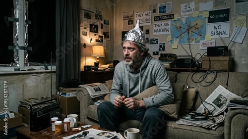 Conspiracy theorist wearing tinfoil hat in cluttered room with evidence board depicting paranoid investigation, alternative research and obsessive quest for hidden truths amid chaotic workspace