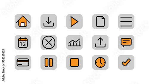 Minimalist line and fill web app icon set with orange accent on grey square backgrounds home download play document menu calendar close graph upload chat credit card pause stop time check marks