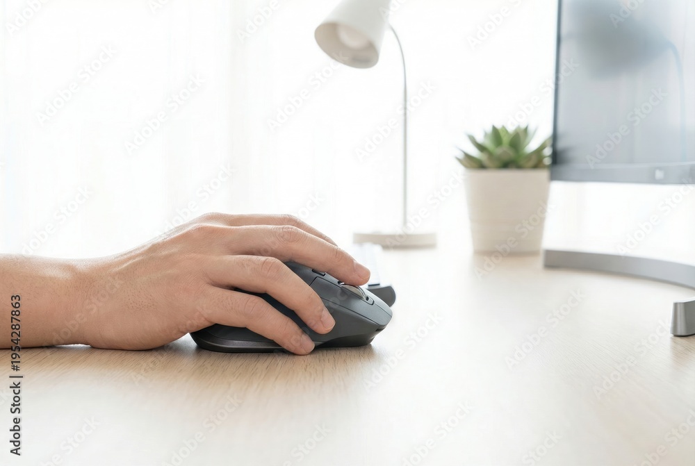 Fototapeta premium Hand of a person using a grey ergonomic wireless computer mouse on a light wooden desk next to a monitor