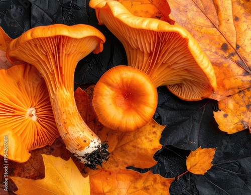 Vibrant orange chanterelle mushrooms are nestled amongst autumn leaves.