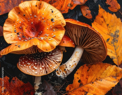 Close-up view of vibrant orange mushrooms surrounded by autumn leaves.