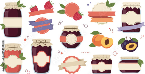 Homemade jam jars set with fruit labels, raspberry apricot plum preserves collection, sweet dessert packaging stickers vector illustration