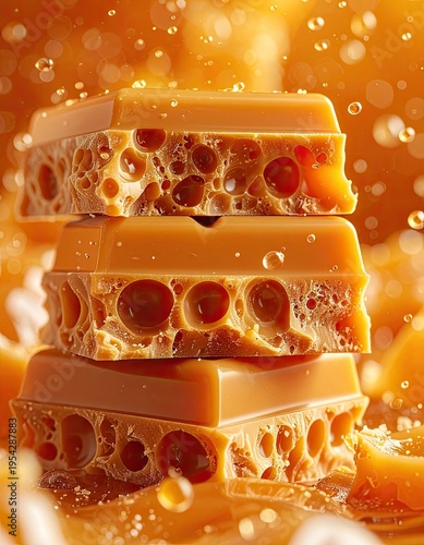 A stack of airy caramel chocolate bars is surrounded by liquid caramel and droplets.