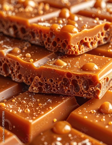 A close-up, textured view of porous milk chocolate bars with caramel droplets and a sprinkle of sugar.