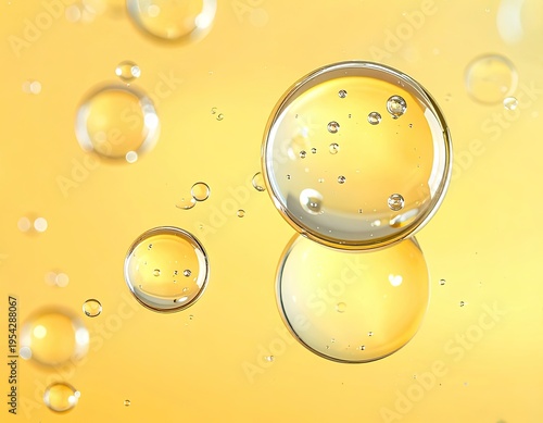 Close-up view of golden liquid with suspended bubbles.