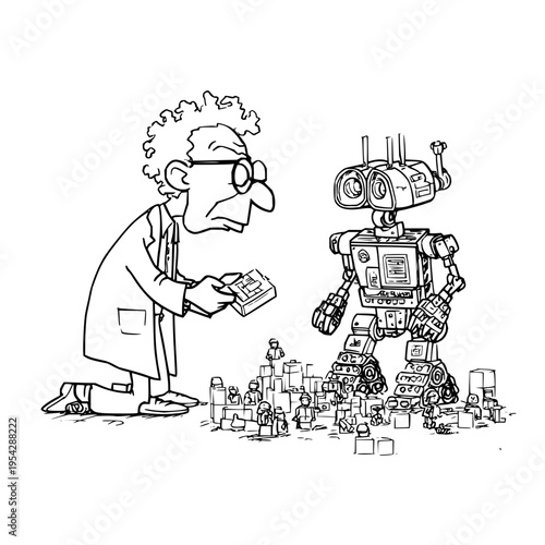 Frustrated Scientist Looking at Broken Robot Surrounded by Pieces