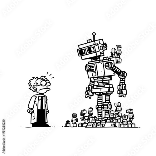 Surprised Scientist Looking at Giant Robot Standing on Small Robots