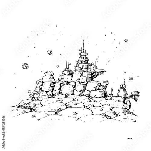 Space Station on Rocky Planet Surface in Black and White