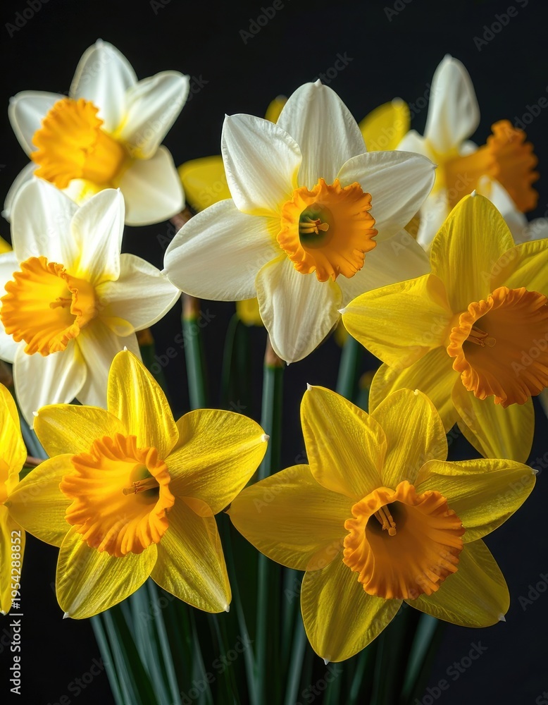 Obraz premium A vibrant arrangement of yellow and white daffodils with orange centers.