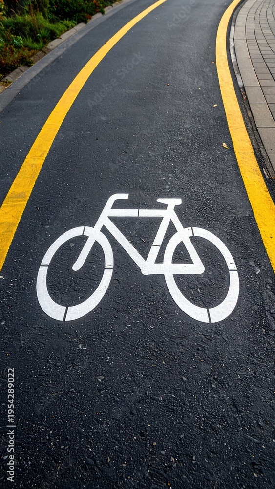 Fototapeta premium A white bicycle symbol is painted on an asphalt bike lane.