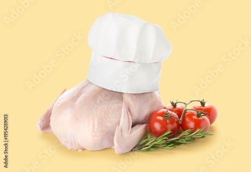 Cook hat, raw chicken, rose...