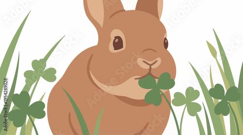 Rabbit Nibbling on a Fresh Clover Leaf in a Tranquil Natural Setting Vector