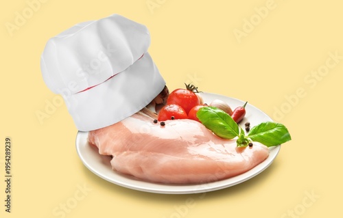 Cook hat, raw chicken fille...