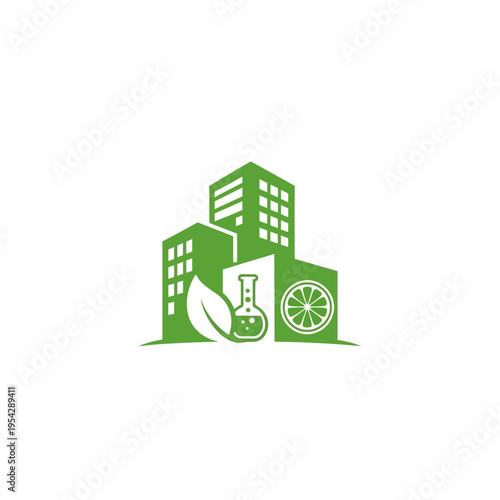 Minimalist green urban architecture icon representing sustainable development in natural science, nutrition research, and eco-friendly product innovation