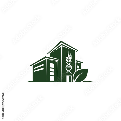 Minimalist Green Building Logo Featuring a DNA Helix, Wheat Stalk, and Leaf