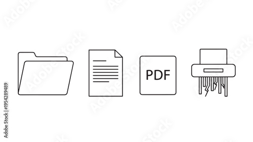Document icons including folder, paper, PDF file, and printer on white background for business and office concepts
