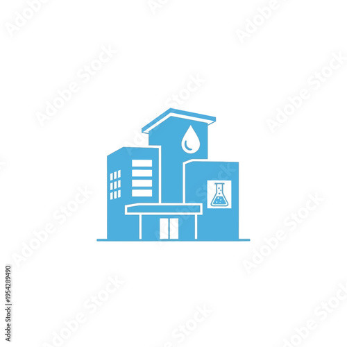 Minimalist illustration of a modern research facility with a water drop and a flask icon, symbolizing scientific innovation and discovery