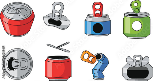 Aluminum Soda Can Icons Set with Crushed Opened Pull Tab and Top View Beverage Cans Vector Illustration for Recycling Packaging and Drink Design