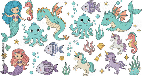 Cute fantasy underwater characters collection with mermaids seahorse fish octopus dragon unicorn magical sea cartoon vector illustration set isolated on white background