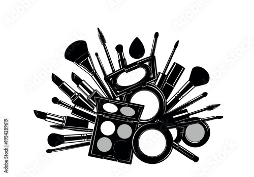 Assorted makeup tools and products arranged in a creative composition