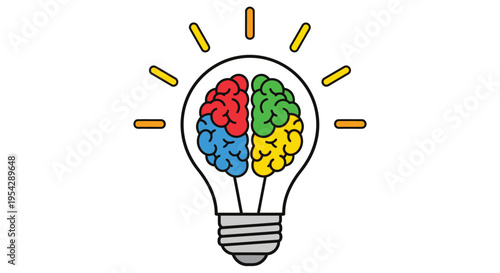 A colorful illustration of a lightbulb containing a brain symbolizing creative thought