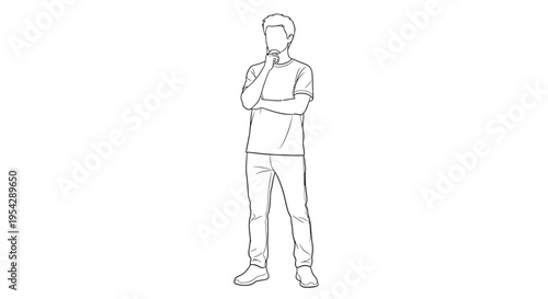 Line drawing of a man standing with his arms crossed and hand to chin