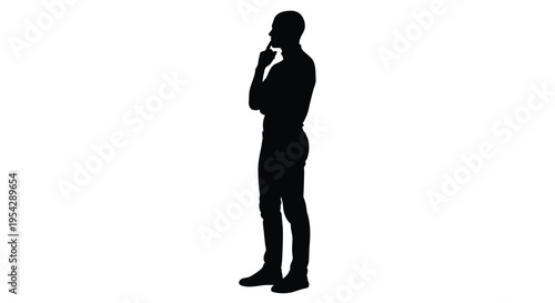 Silhouette of a man in thought hand to chin isolated on white