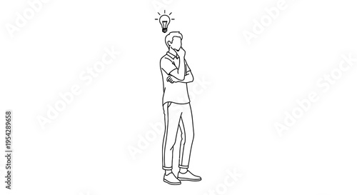 A man in thought with a glowing lightbulb above his head sketch