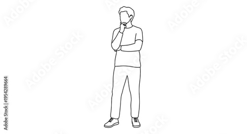 Line drawing of a man standing with his hand to his chin in thought
