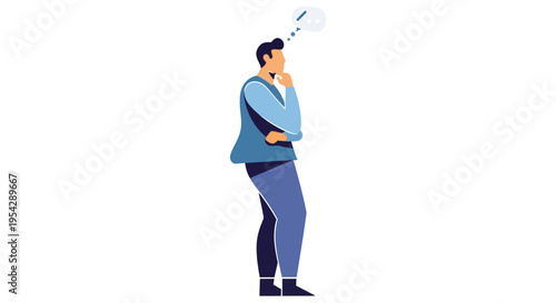 Man in a thoughtful pose looking up with a speech bubble above his head