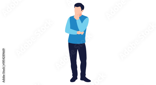 A thoughtful man in a blue sweater vest is depicted in a minimalist illustration