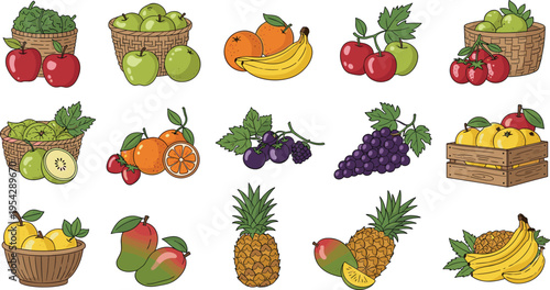 Fresh fruits collection with baskets apples bananas grapes pineapple mango citrus hand drawn style healthy food vector illustration set isolated on white background