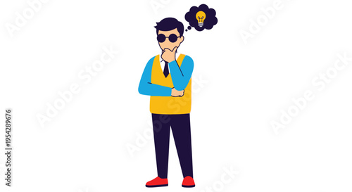 A thoughtful man in sunglasses contemplates an idea represented by a glowing lightbulb