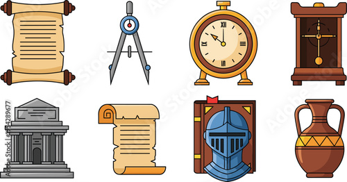 Ancient History and Heritage Icons Set with Scroll Compass Clock Temple Armor Book and Pottery Vector Illustration for Education Culture and Museum Design