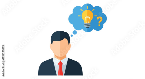 Man with a thought bubble containing a lightbulb and question mark