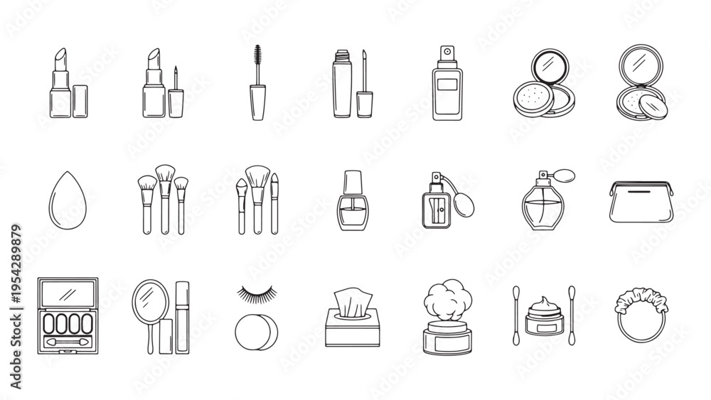 Fototapeta premium Cosmetic And Beauty Product Icon Set Featuring Skincare Makeup And Personal Care Essentials For Retail Branding E Commerce Packaging And Digital Marketing Design