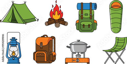 Camping and Outdoor Adventure Icons Set with Tent Campfire Backpack Sleeping Bag Lantern Stove and Folding Chair Vector Illustration for Travel and Nature Design