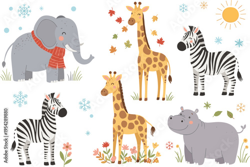 Cute safari animals collection with giraffe zebra elephant hippopotamus seasonal elements snowflakes flowers cartoon vector illustration set isolated on white background