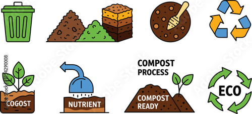 Composting and Organic Waste Icons Set with Recycling Food Waste Soil Nutrients and Eco Cycle Vector Illustration for Sustainable Gardening and Environmental Design
