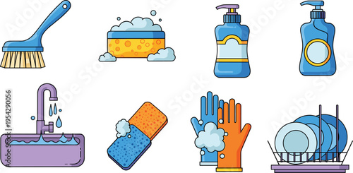 Dishwashing and Cleaning Icons Set with Sponge Brush Soap Bottle Gloves Sink and Dishes Vector Illustration for Kitchen Hygiene and Household Cleaning Design