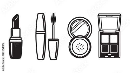 Makeup Product Icon Set Featuring Lipstick Mascara Powder And Cosmetic Essentials For Beauty Branding Retail Packaging And E Commerce Marketing Design