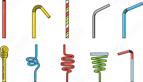Drinking Straw Icons Set with Straight Bent Spiral and Flexible Plastic Straws Vector Illustration for Beverage Packaging Party Supplies and Eco Design