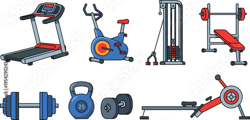 Gym and Fitness Equipment Icons Set with Treadmill Exercise Bike Weights Bench and Workout Machines Vector Illustration for Sports Training and Health Design