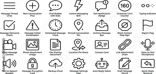 A comprehensive collection of diverse line icons for modern user interfaces, featuring essential communication, settings, and general utility symbols for web and mobile applications