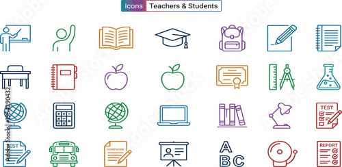 Collection of School and Education Icons, Representing Learning, Teaching, and Student Life