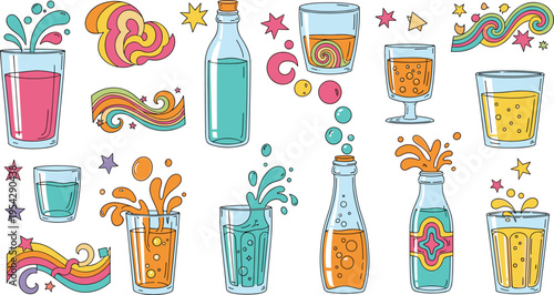 Fun and Colorful Beverage and Splash Icon Set with Bottles, Glasses, and Colorful Patterns